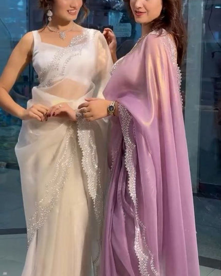 Super Hit Diamond Panel Tissue Net Saree with Diamond Cut Work Blouse - Rosepetals Luxe