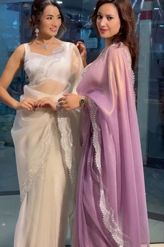 Super Hit Diamond Panel Tissue Net Saree with Diamond Cut Work Blouse - Rosepetals Luxe