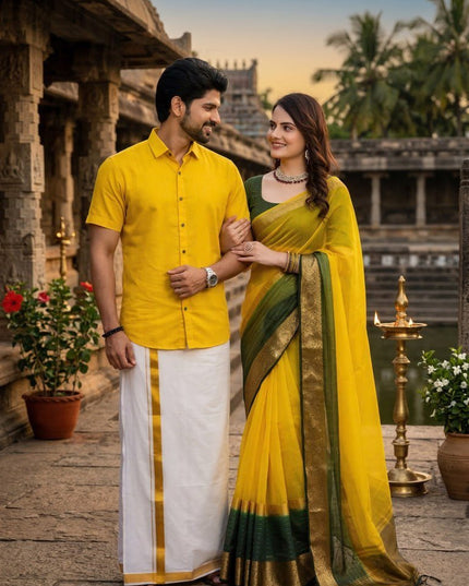 Superhit Couple Combo | Khadi Cotton Saree with Premium Cotton Silk Shirt - Rosepetals Luxe