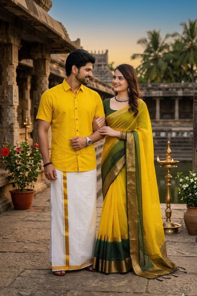 Superhit Couple Combo | Khadi Cotton Saree with Premium Cotton Silk Shirt - Rosepetals Luxe