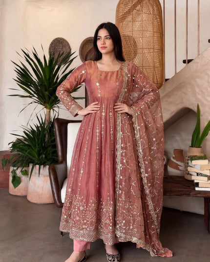 Premium Fandy Silk Embroidered Gown Set with Sequins Work, Matching Pant & Dupatta Ready to Wear Designer Party Wear Ethnic Outfit for Women