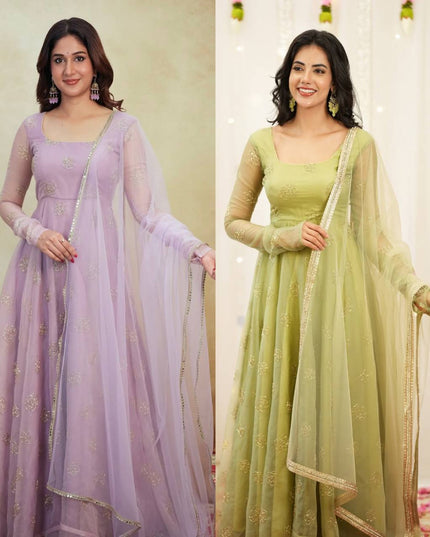 Tabby Organza Anarkali Set | Bead & Embroidery Work | Fully Stitched 3-Piece | Lavender & Lime Green - Rosepetals Luxe