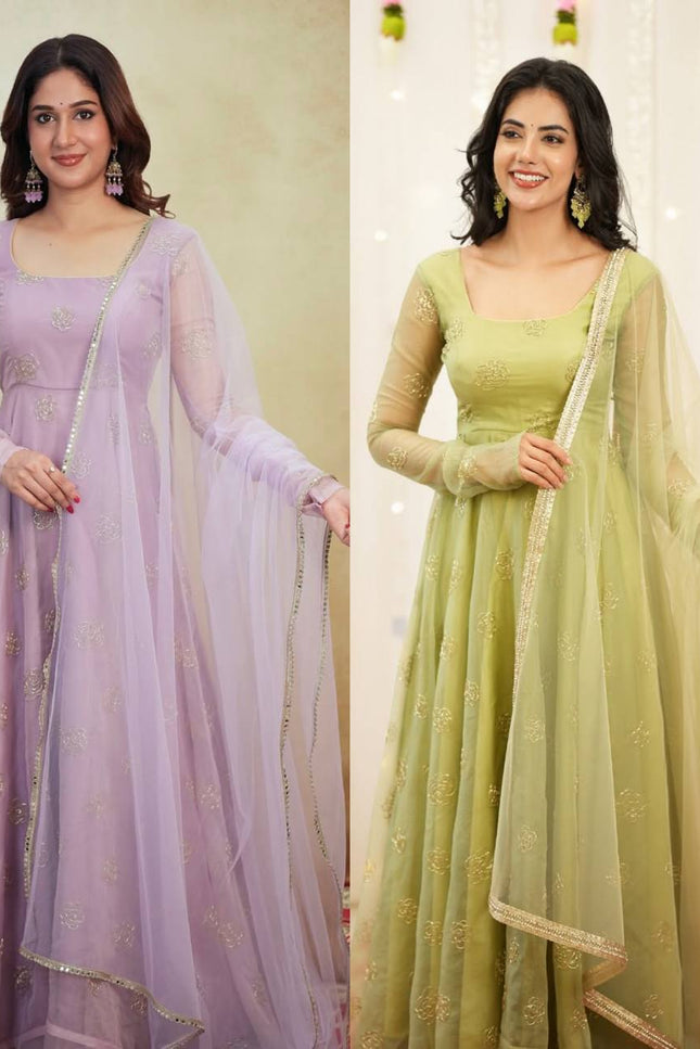 Tabby Organza Anarkali Set | Bead & Embroidery Work | Fully Stitched 3-Piece | Lavender & Lime Green - Rosepetals Luxe