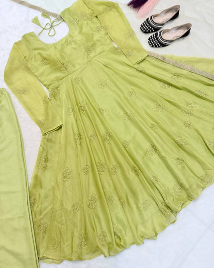 Tabby Organza Anarkali Set | Bead & Embroidery Work | Fully Stitched 3-Piece | Lavender & Lime Green - Rosepetals Luxe
