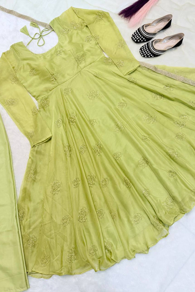 Tabby Organza Anarkali Set | Bead & Embroidery Work | Fully Stitched 3-Piece | Lavender & Lime Green - Rosepetals Luxe