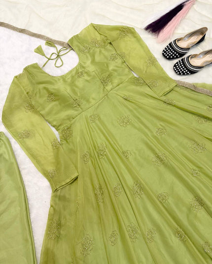 Tabby Organza Anarkali Set | Bead & Embroidery Work | Fully Stitched 3-Piece | Lavender & Lime Green - Rosepetals Luxe