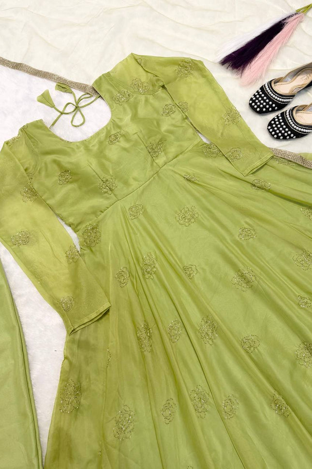 Tabby Organza Anarkali Set | Bead & Embroidery Work | Fully Stitched 3-Piece | Lavender & Lime Green - Rosepetals Luxe