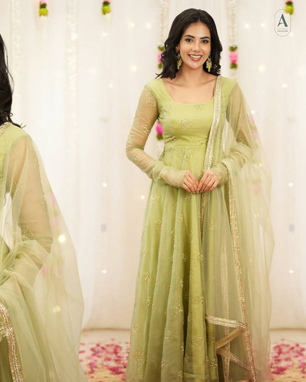 Tabby Organza Anarkali Set | Bead & Embroidery Work | Fully Stitched 3-Piece | Lavender & Lime Green - Rosepetals Luxe