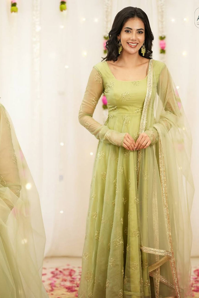 Tabby Organza Anarkali Set | Bead & Embroidery Work | Fully Stitched 3-Piece | Lavender & Lime Green - Rosepetals Luxe