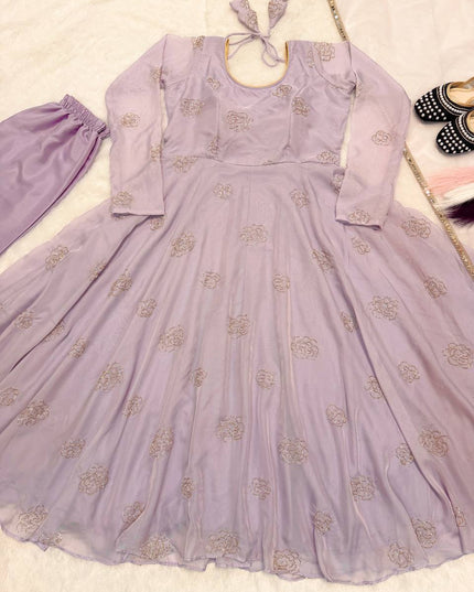 Tabby Organza Anarkali Set | Bead & Embroidery Work | Fully Stitched 3-Piece | Lavender & Lime Green - Rosepetals Luxe