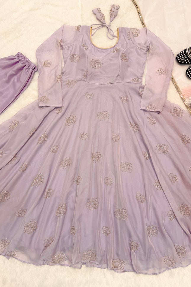Tabby Organza Anarkali Set | Bead & Embroidery Work | Fully Stitched 3-Piece | Lavender & Lime Green - Rosepetals Luxe