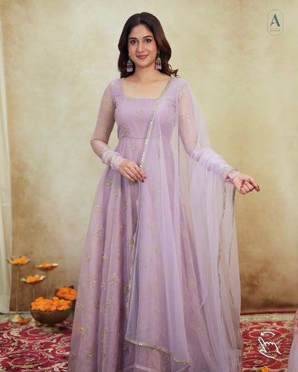 Tabby Organza Anarkali Set | Bead & Embroidery Work | Fully Stitched 3-Piece | Lavender & Lime Green - Rosepetals Luxe