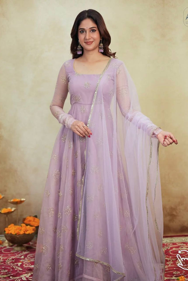 Tabby Organza Anarkali Set | Bead & Embroidery Work | Fully Stitched 3-Piece | Lavender & Lime Green - Rosepetals Luxe