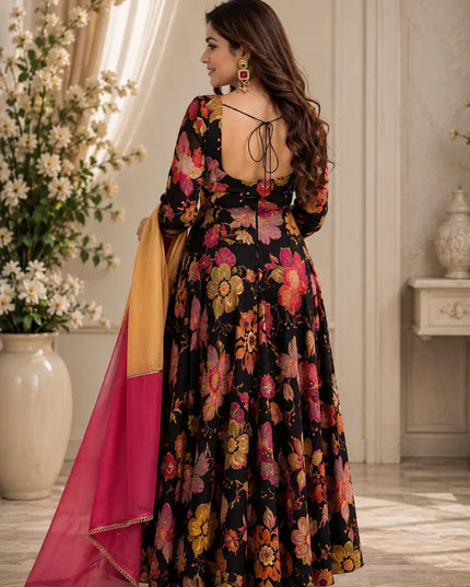 Tabby Organza Anarkali Set with Pant & Dupatta | 7-Meter Flair Digital Print | 3-Piece Festive Ethnic Suit - Rosepetals Luxe