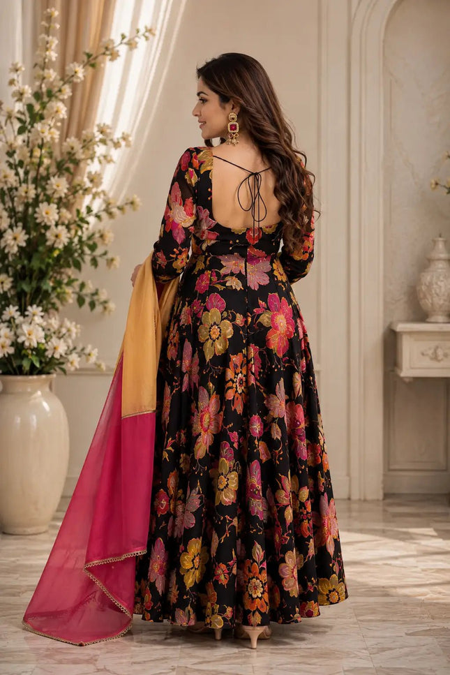 Tabby Organza Anarkali Set with Pant & Dupatta | 7-Meter Flair Digital Print | 3-Piece Festive Ethnic Suit - Rosepetals Luxe