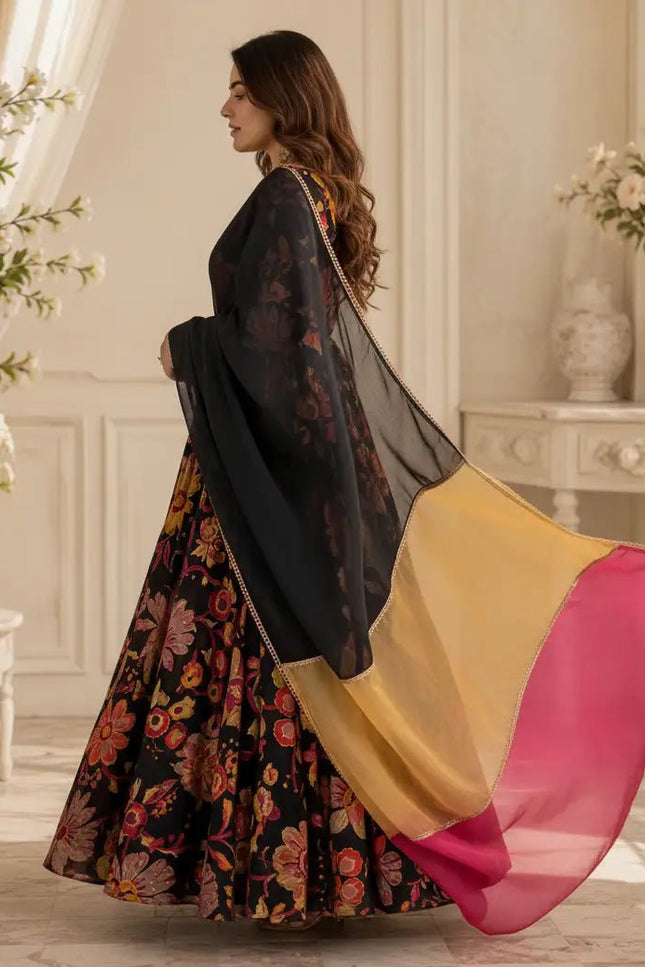 Tabby Organza Anarkali Set with Pant & Dupatta | 7-Meter Flair Digital Print | 3-Piece Festive Ethnic Suit - Rosepetals Luxe