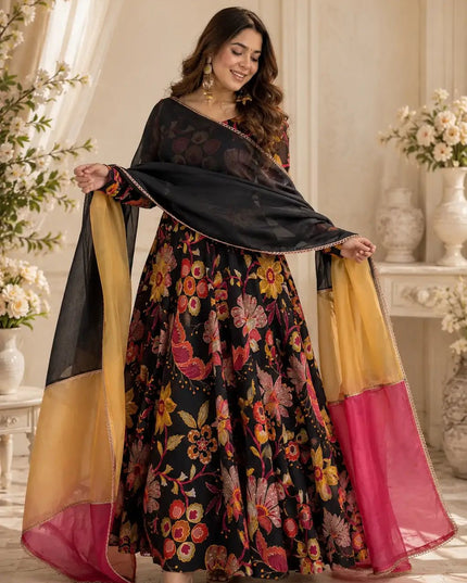 Tabby Organza Anarkali Set with Pant & Dupatta | 7-Meter Flair Digital Print | 3-Piece Festive Ethnic Suit - Rosepetals Luxe