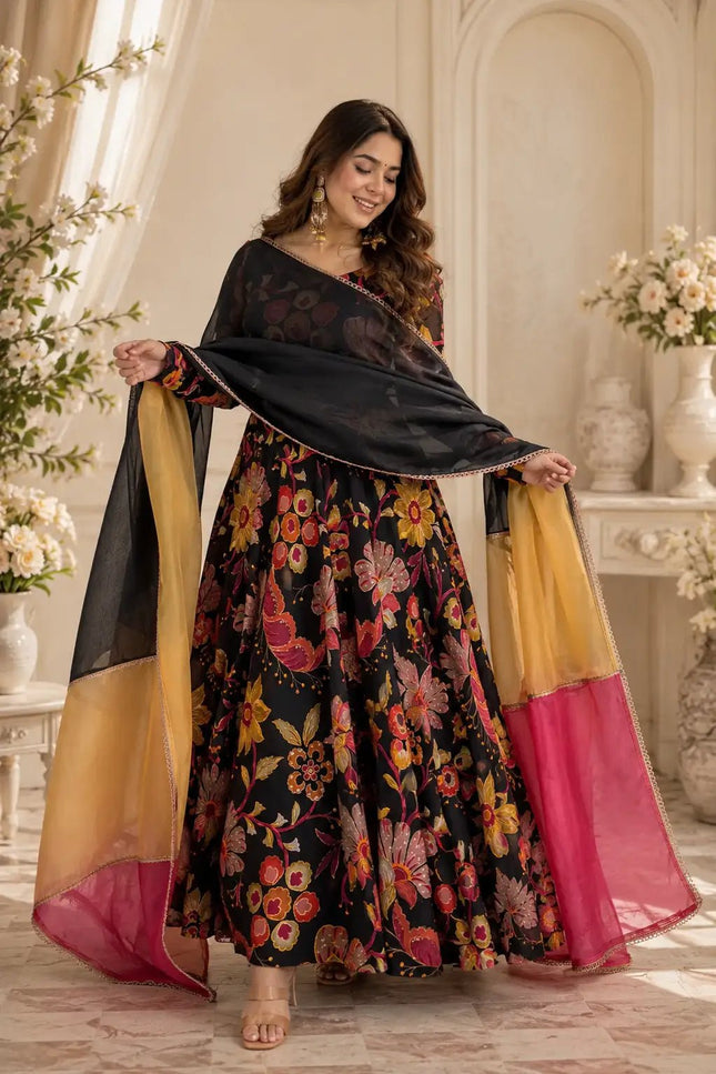 Tabby Organza Anarkali Set with Pant & Dupatta | 7-Meter Flair Digital Print | 3-Piece Festive Ethnic Suit - Rosepetals Luxe