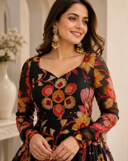 Tabby Organza Anarkali Set with Pant & Dupatta | 7-Meter Flair Digital Print | 3-Piece Festive Ethnic Suit - Rosepetals Luxe