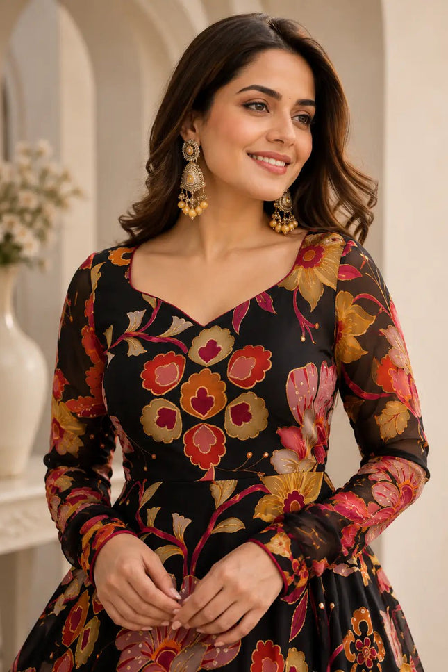 Tabby Organza Anarkali Set with Pant & Dupatta | 7-Meter Flair Digital Print | 3-Piece Festive Ethnic Suit - Rosepetals Luxe