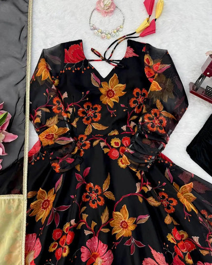 Tabby Organza Anarkali Set with Pant & Dupatta | 7-Meter Flair Digital Print | 3-Piece Festive Ethnic Suit - Rosepetals Luxe