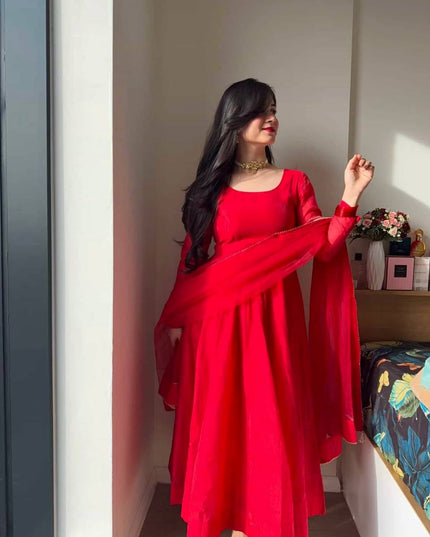 Tabby Silk Anarkali Pant Set with Dupatta | Red | 4-Metre Flair | Festive & Party Wear - Rosepetals Luxe
