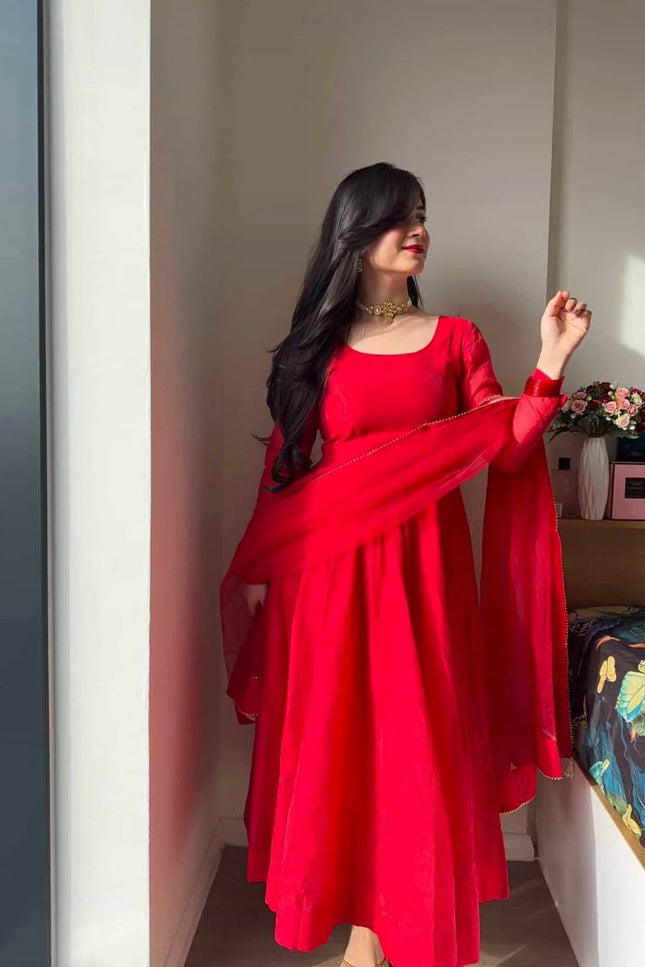 Tabby Silk Anarkali Pant Set with Dupatta | Red | 4-Metre Flair | Festive & Party Wear - Rosepetals Luxe