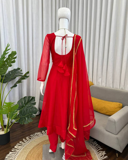 Tabby Silk Anarkali Pant Set with Dupatta | Red | 4-Metre Flair | Festive & Party Wear - Rosepetals Luxe