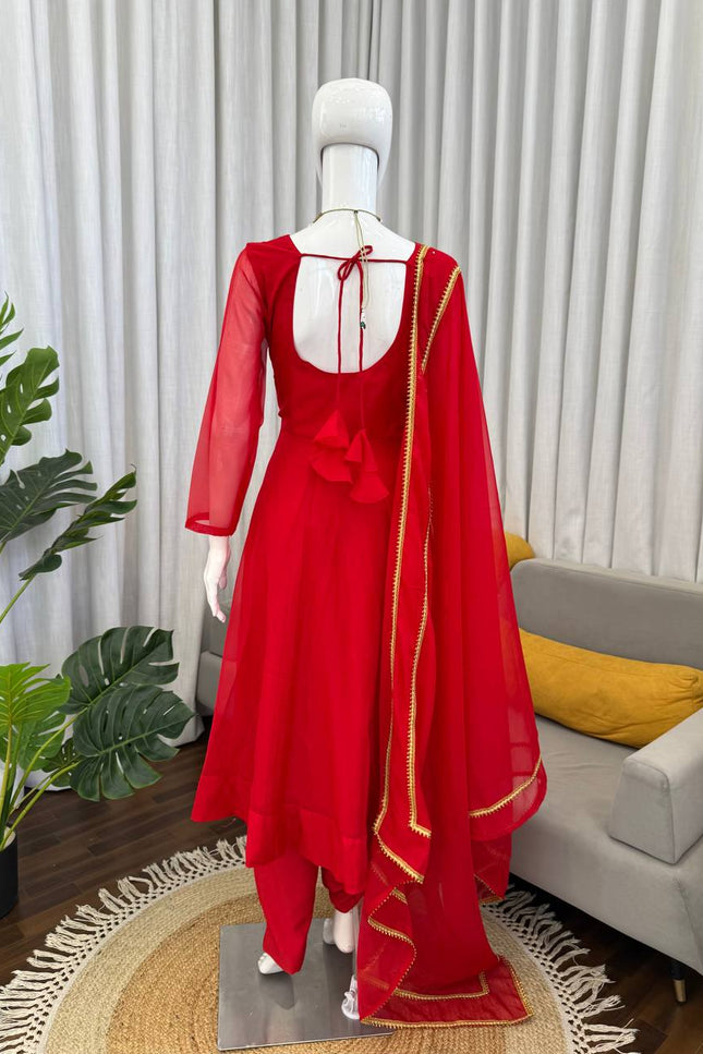 Tabby Silk Anarkali Pant Set with Dupatta | Red | 4-Metre Flair | Festive & Party Wear - Rosepetals Luxe