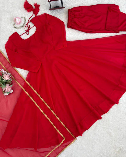 Tabby Silk Anarkali Pant Set with Dupatta | Red | 4-Metre Flair | Festive & Party Wear - Rosepetals Luxe