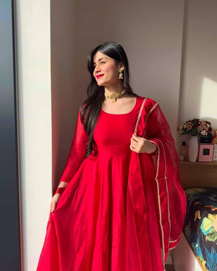 Tabby Silk Anarkali Pant Set with Dupatta | Red | 4-Metre Flair | Festive & Party Wear - Rosepetals Luxe