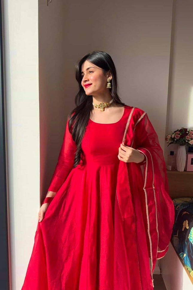 Tabby Silk Anarkali Pant Set with Dupatta | Red | 4-Metre Flair | Festive & Party Wear - Rosepetals Luxe
