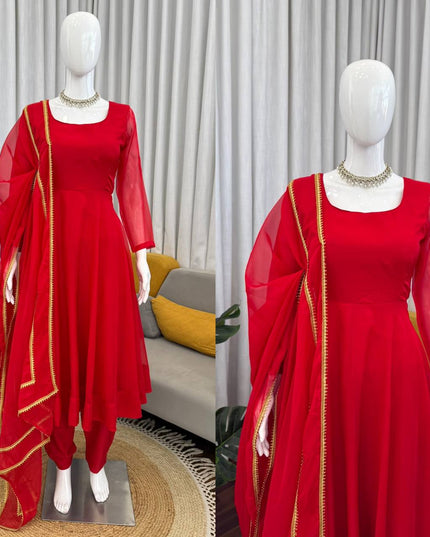 Tabby Silk Anarkali Pant Set with Dupatta | Red | 4-Metre Flair | Festive & Party Wear - Rosepetals Luxe
