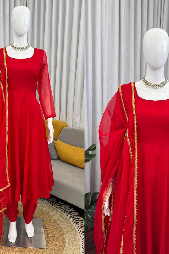 Tabby Silk Anarkali Pant Set with Dupatta | Red | 4-Metre Flair | Festive & Party Wear - Rosepetals Luxe