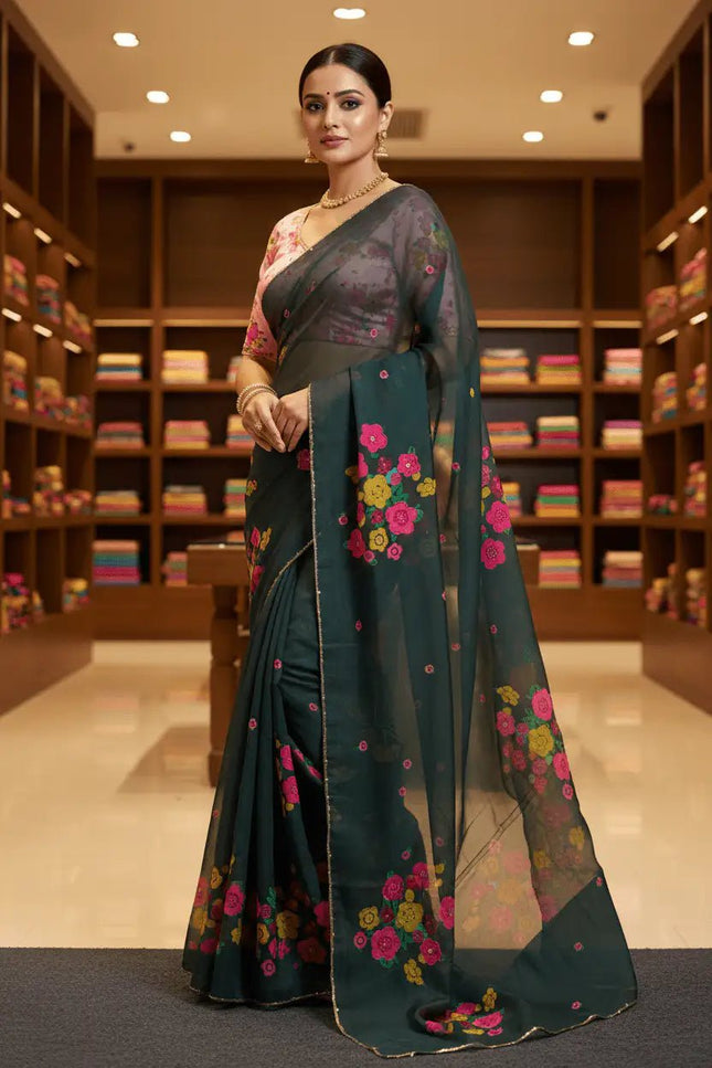 Tabi Silk Flower Print Saree | Cut Dana Handwork & Chinon Neck - Rosepetals Luxe