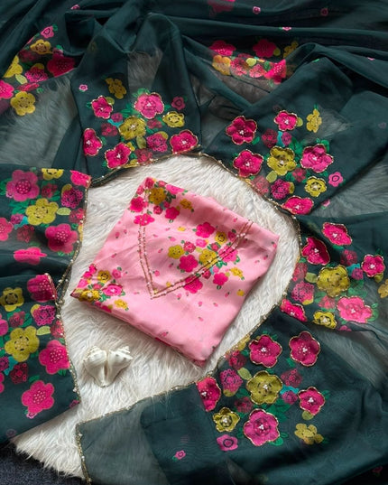 Tabi Silk Flower Print Saree | Cut Dana Handwork & Chinon Neck - Rosepetals Luxe