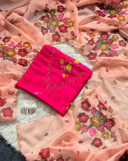 Tabi Silk Flower Print Saree | Cut Dana Handwork & Chinon Neck - Rosepetals Luxe