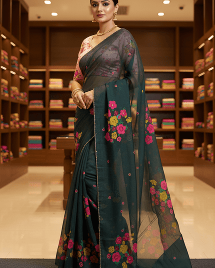 Tabi Silk Flower Print Saree | Cut Dana Handwork & Chinon Neck - Rosepetals Luxe
