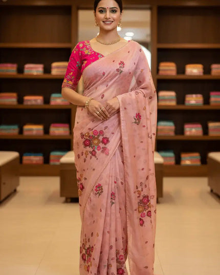 Tabi Silk Flower Print Saree | Cut Dana Handwork & Chinon Neck - Rosepetals Luxe