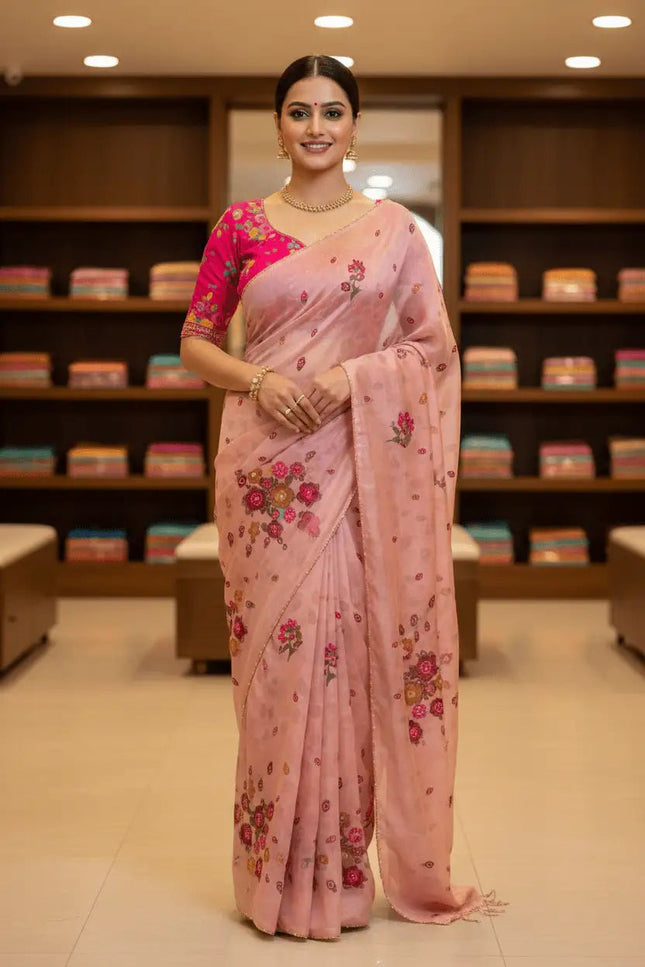 Tabi Silk Flower Print Saree | Cut Dana Handwork & Chinon Neck - Rosepetals Luxe