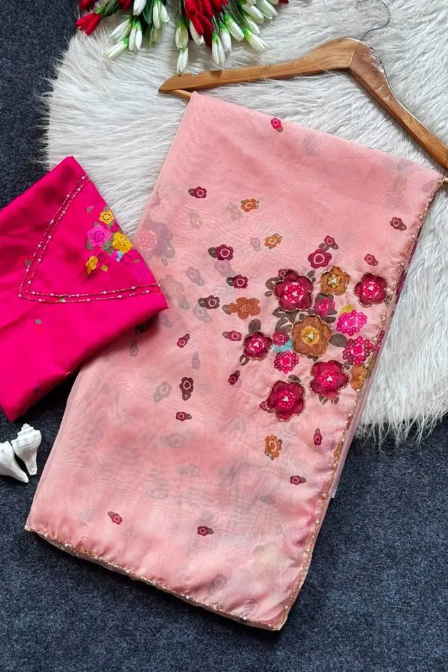 Tabi Silk Flower Print Saree | Cut Dana Handwork & Chinon Neck - Rosepetals Luxe