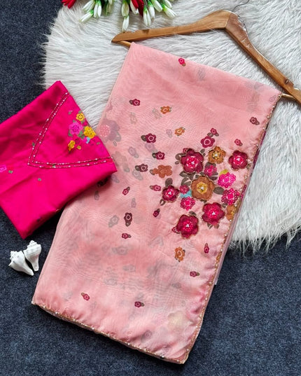 Tabi Silk Flower Print Saree | Cut Dana Handwork & Chinon Neck - Rosepetals Luxe