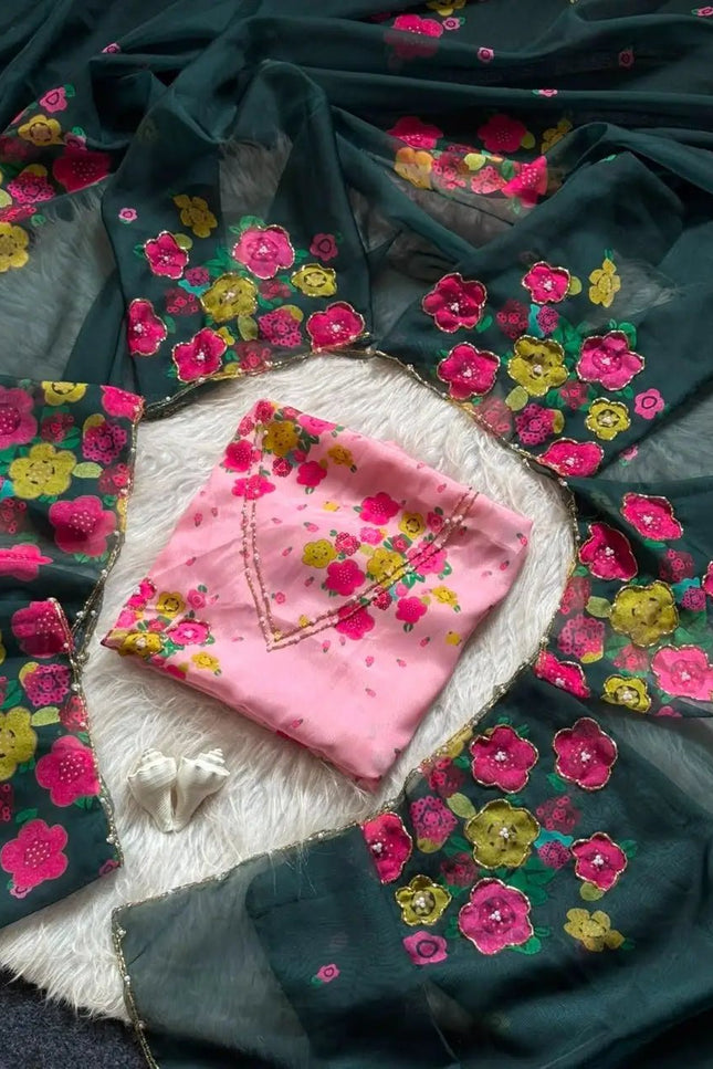 Tabi Silk Flower Print Saree | Cut Dana Handwork & Chinon Neck - Rosepetals Luxe