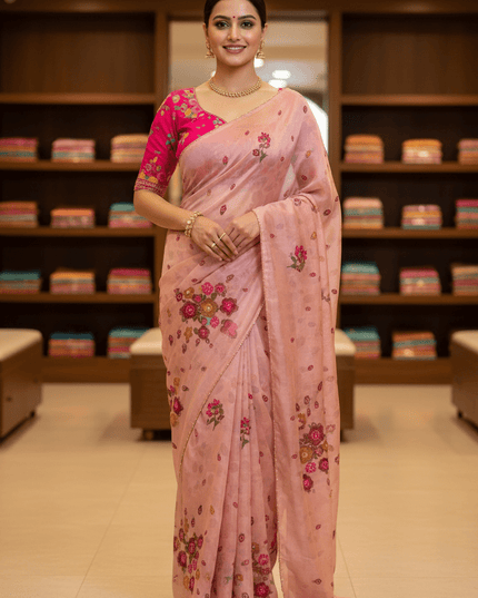 Tabi Silk Flower Print Saree | Cut Dana Handwork & Chinon Neck - Rosepetals Luxe