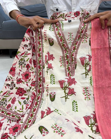 Taj Cotton Suit Set | Handwork Neck Palazzo & Dupatta | Festive & Casual Wear - Rosepetals Luxe