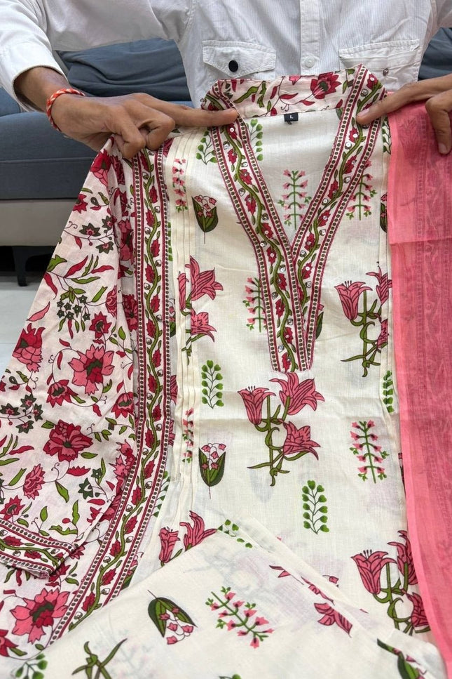 Taj Cotton Suit Set | Handwork Neck Palazzo & Dupatta | Festive & Casual Wear - Rosepetals Luxe