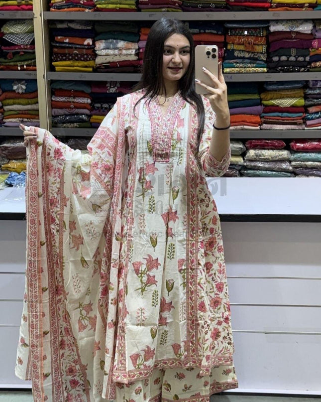 Taj Cotton Suit Set | Handwork Neck Palazzo & Dupatta | Festive & Casual Wear - Rosepetals Luxe