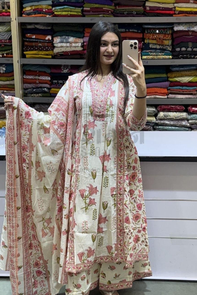 Taj Cotton Suit Set | Handwork Neck Palazzo & Dupatta | Festive & Casual Wear - Rosepetals Luxe