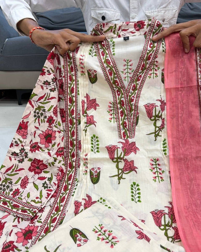 Taj Cotton Suit Set | Handwork Neck Palazzo & Dupatta | Festive & Casual Wear - Rosepetals Luxe