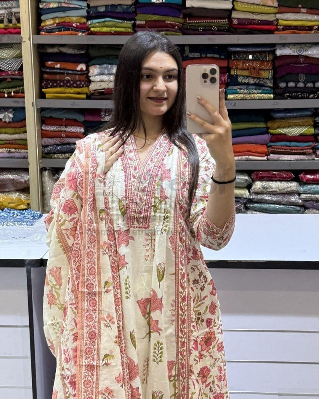 Taj Cotton Suit Set | Handwork Neck Palazzo & Dupatta | Festive & Casual Wear - Rosepetals Luxe